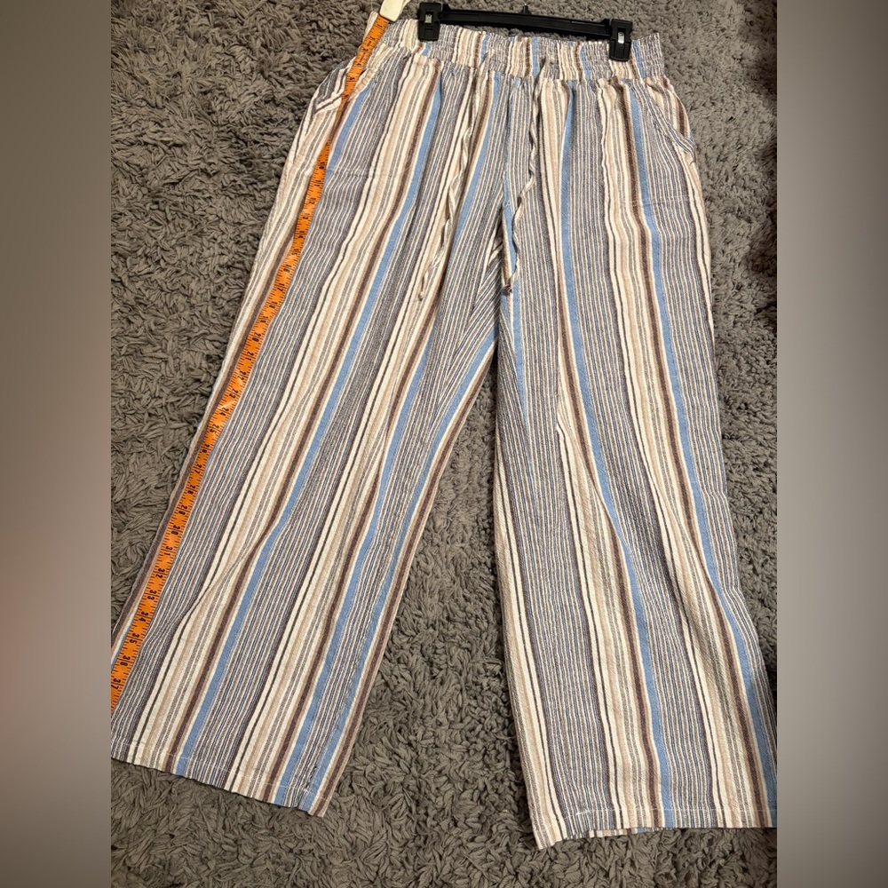 Ashley Stewart Striped Wide Leg Linen Pants - Blue, Brown, Cream